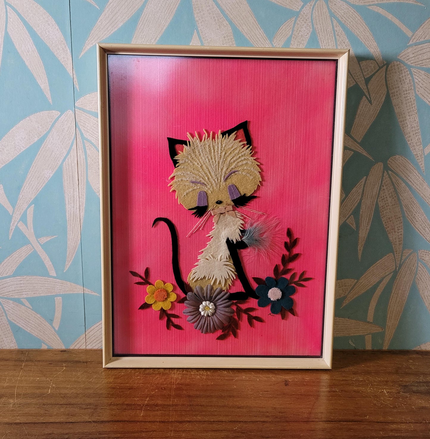 1960s framed home-made kitsch textile kitten & flowers collage