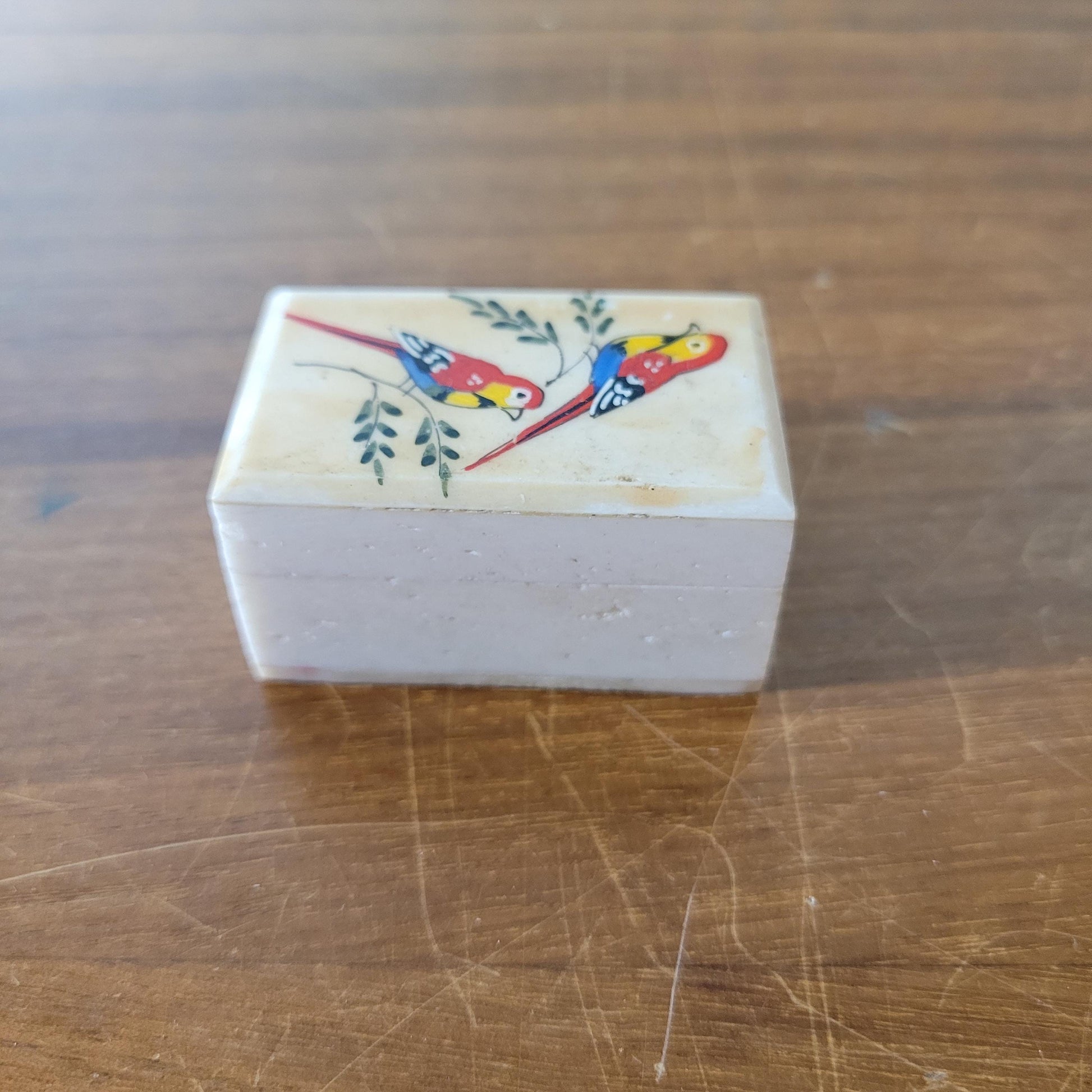 Vintage miniature hand-crafted bone trinket box with hand painted birds detail