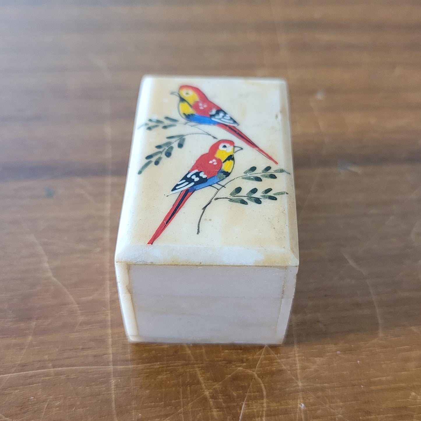 Vintage miniature hand-crafted bone trinket box with hand painted birds detail