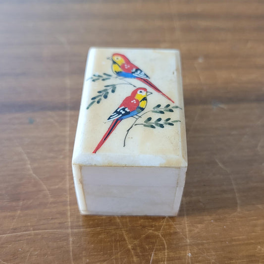 Vintage miniature hand-crafted bone trinket box with hand painted birds detail