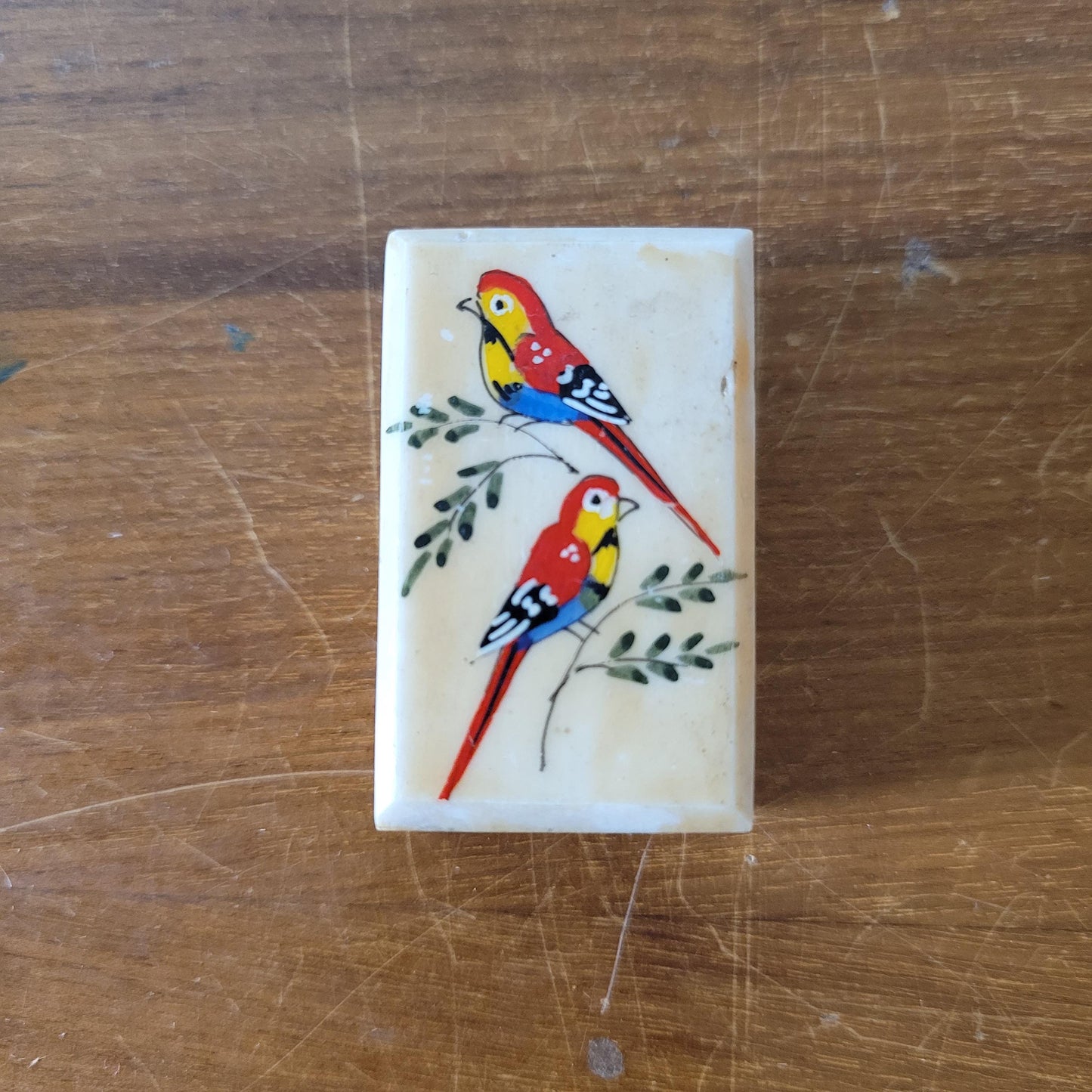 Vintage miniature hand-crafted bone trinket box with hand painted birds detail