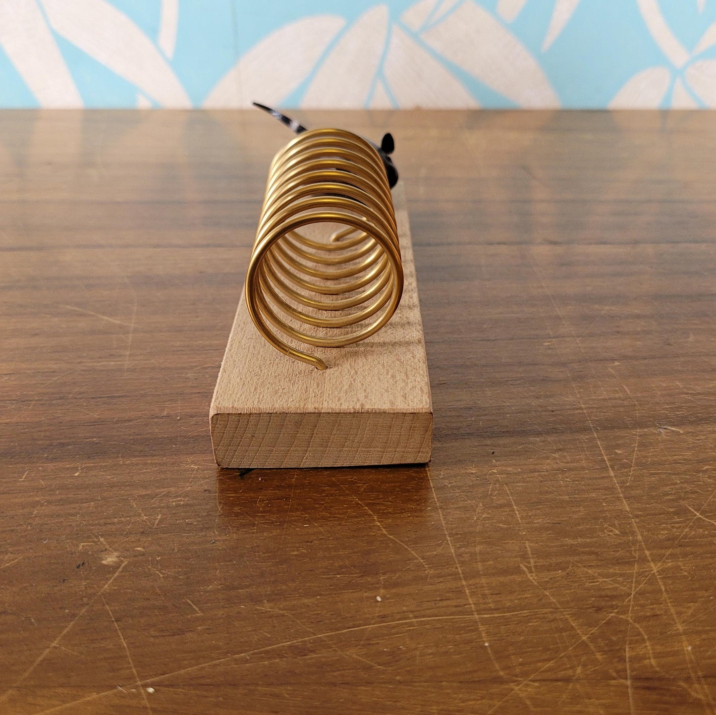 Vintage gold-tone spiral & wood letter rack with teak mouse addition