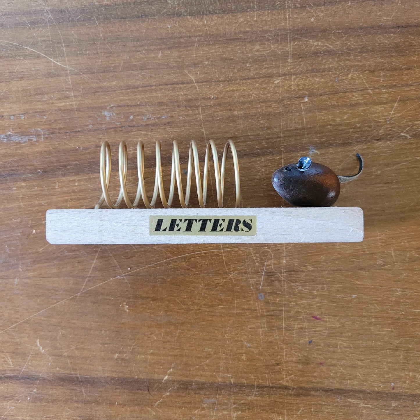 Vintage gold-tone spiral & wood letter rack with teak mouse addition