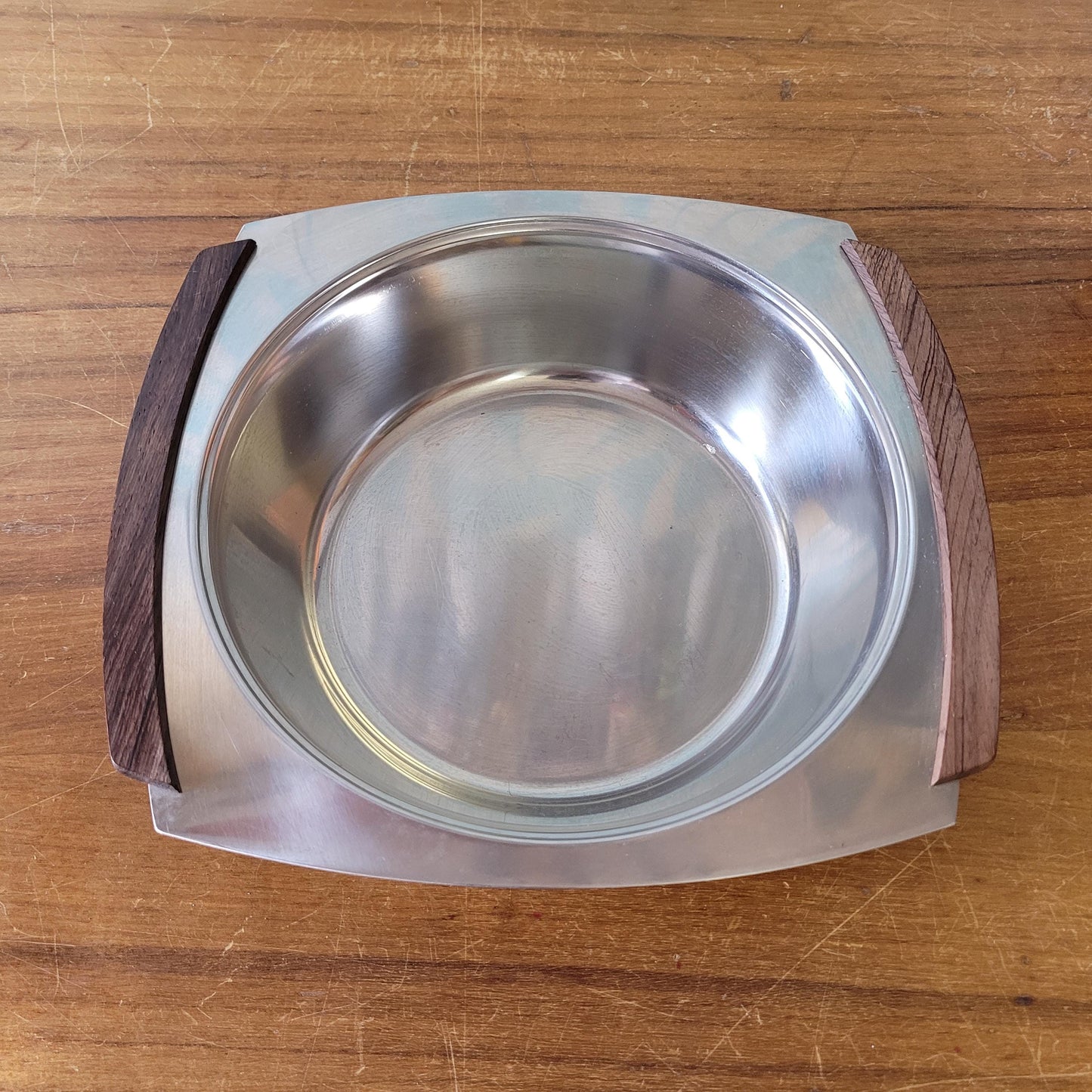 1970s stainless steel & teak serving dish with lid, includes removable stainless steel divider
