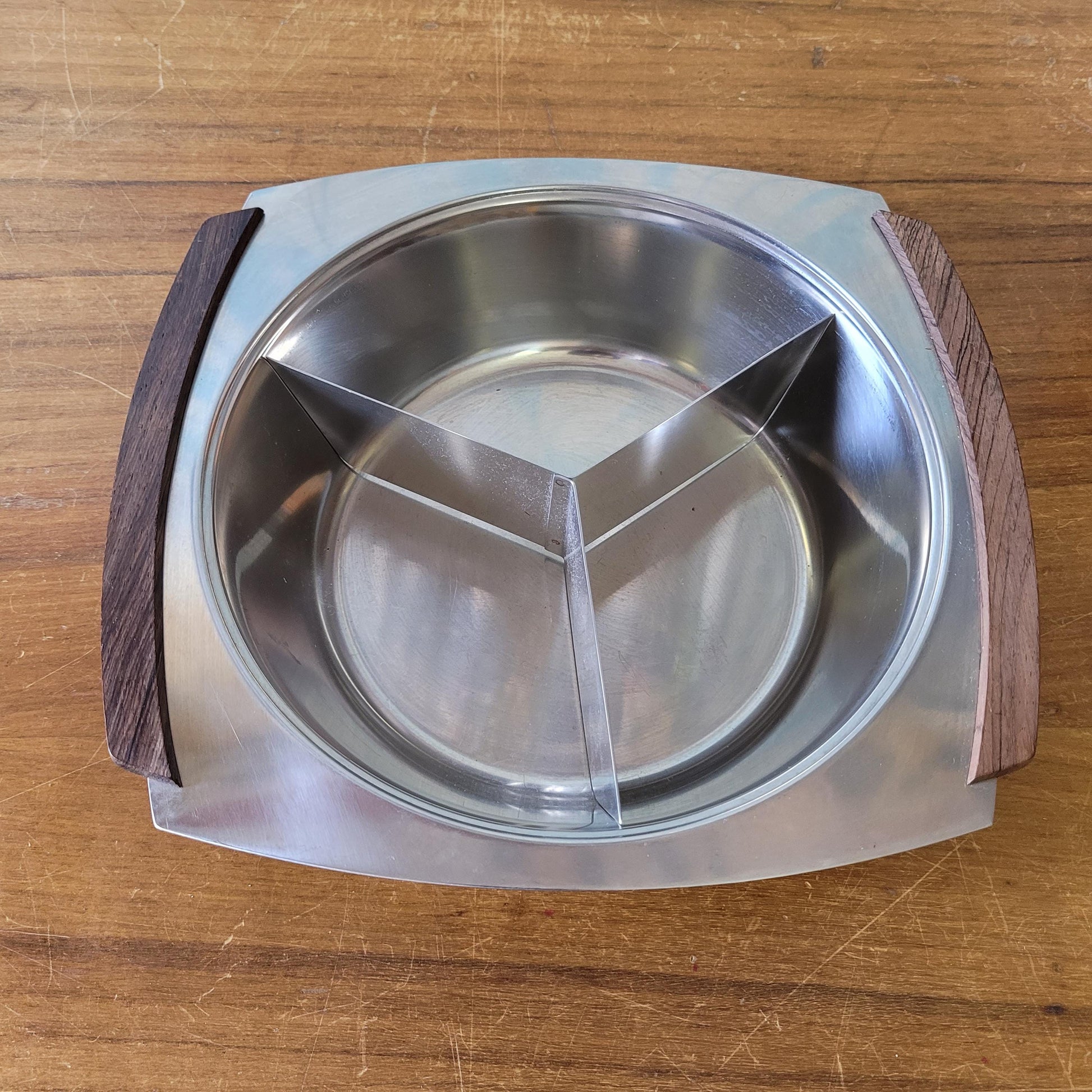 1970s stainless steel & teak serving dish with lid, includes removable stainless steel divider