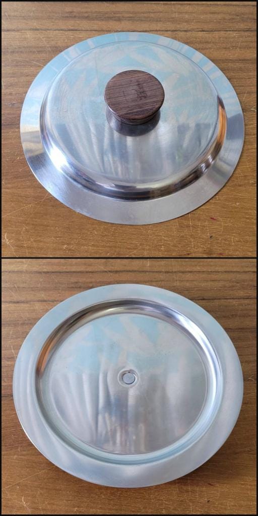 1970s stainless steel & teak serving dish with lid, includes removable stainless steel divider