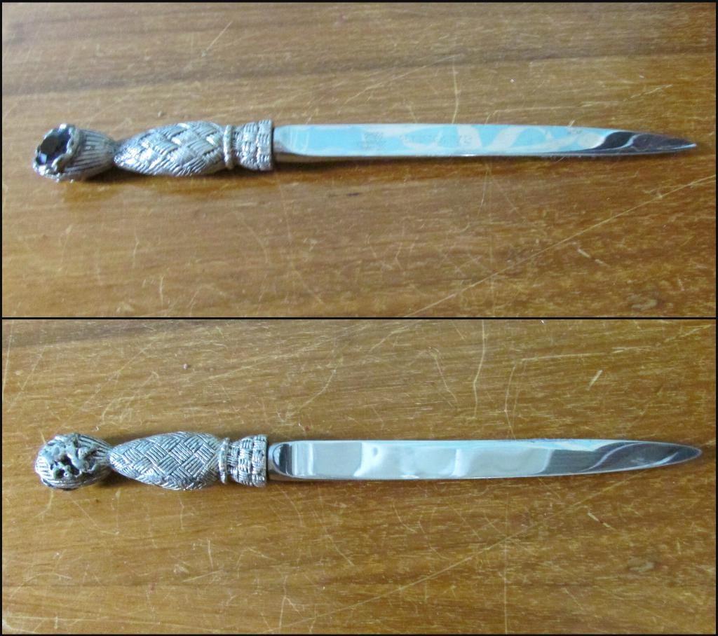 Vintage Jacobite stainless steel & glass jewel letter/paper knife with storage pouch