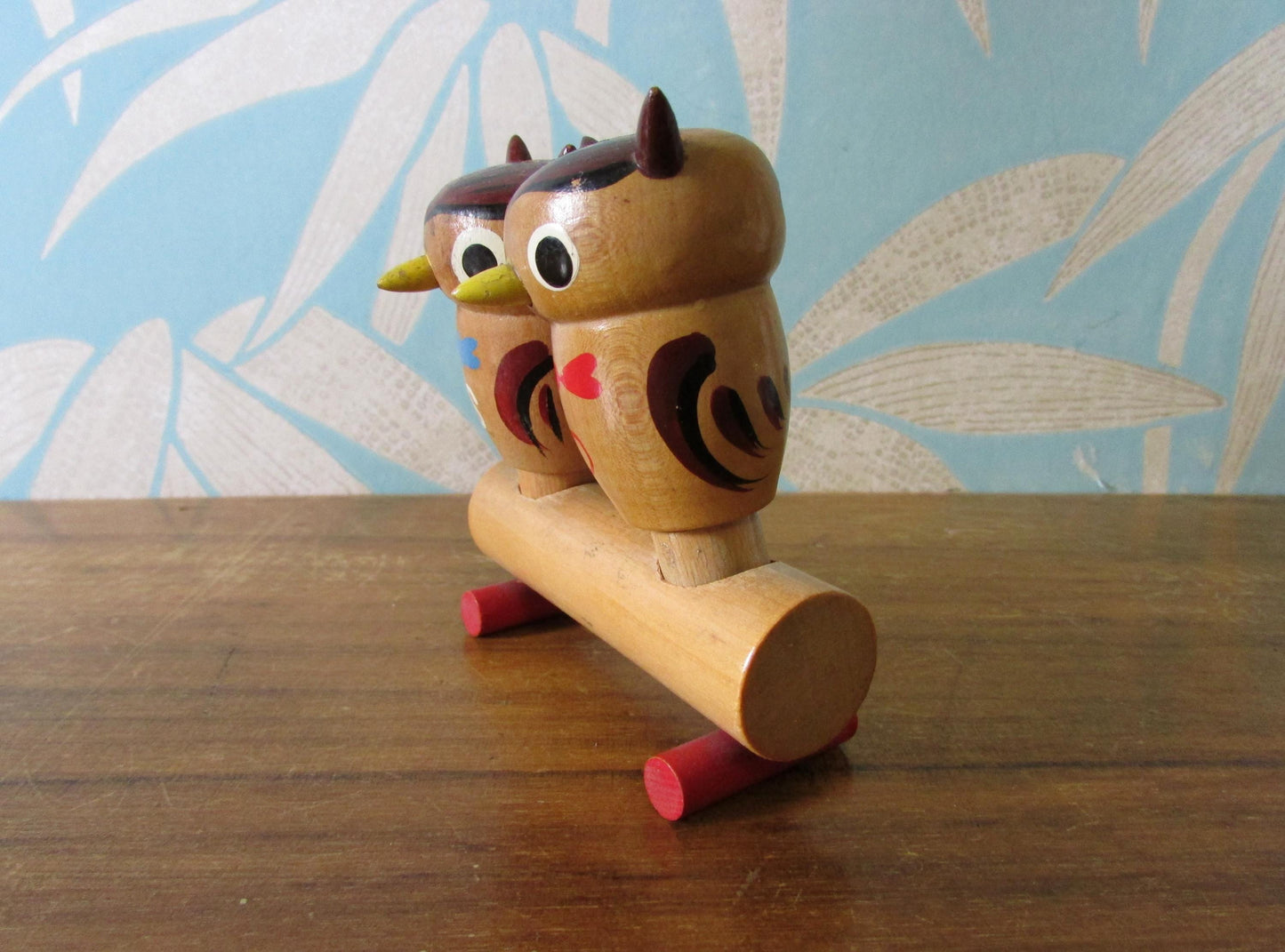 Mid-century hand-painted wooden owls on branch salt & pepper set