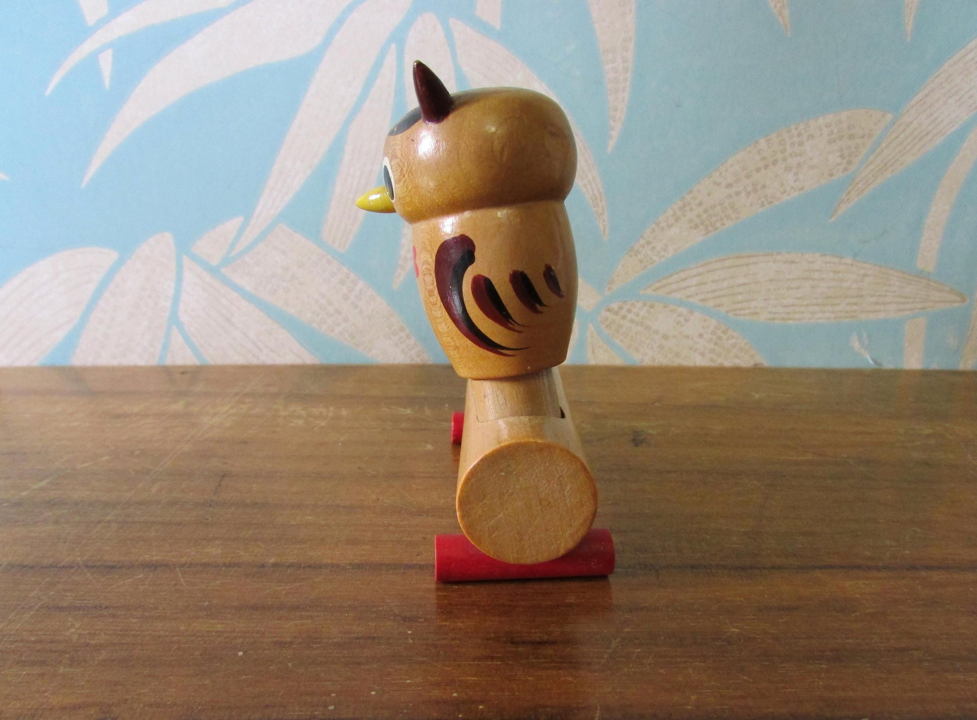 Mid-century hand-painted wooden owls on branch salt & pepper set