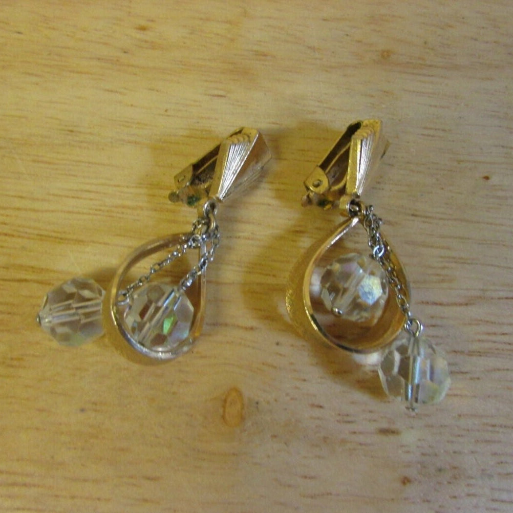 Vintage Art Deco-inspired gold-tone drop clip-on earrings with crystal bead droplets