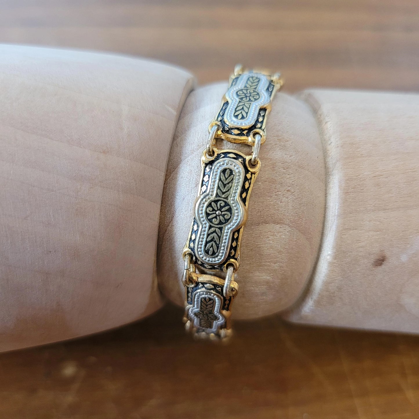 Vintage Damascene silver & gold-tone link bracelet with safety chain.