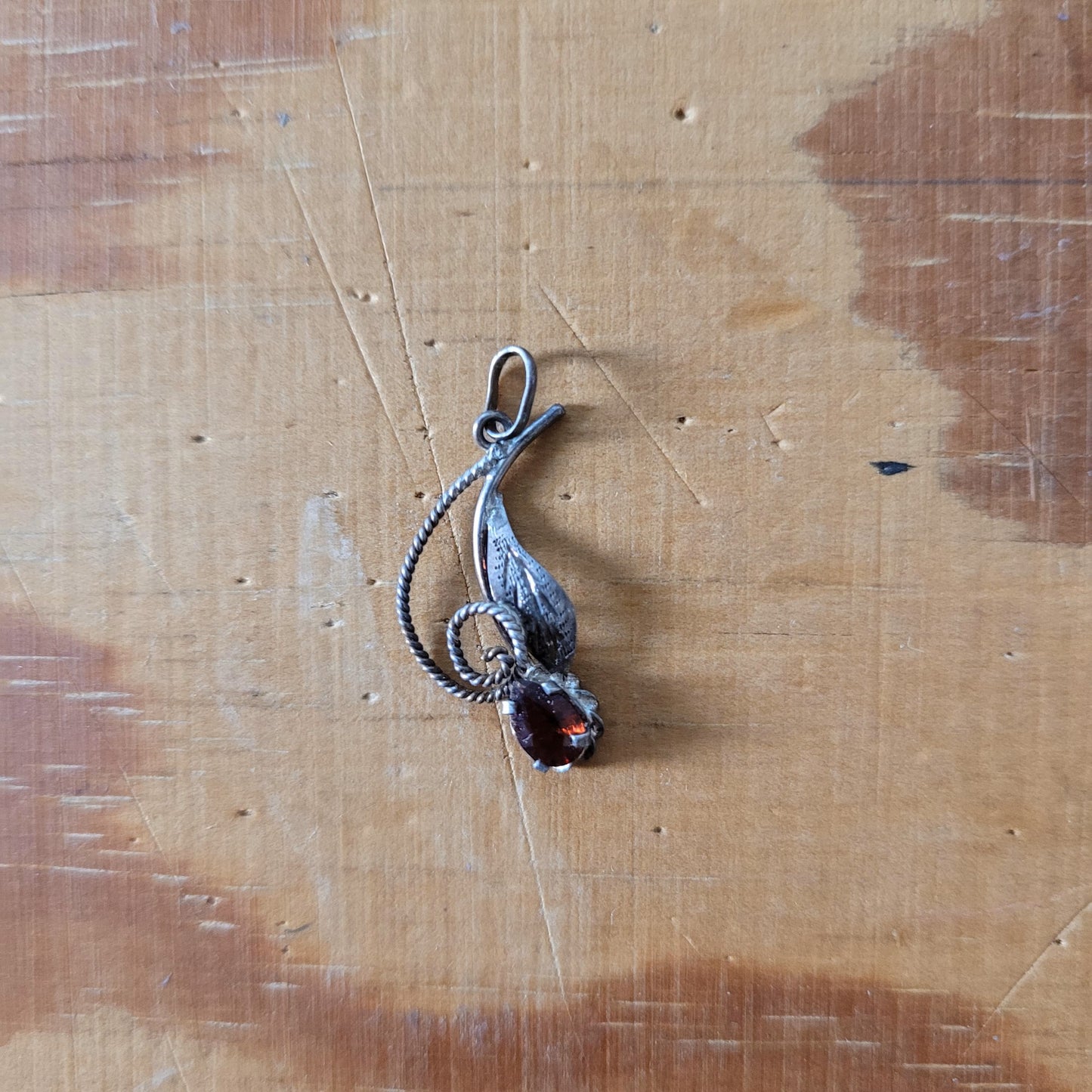 Vintage silver leaf & garnet rhinestone pendant, stamped 925