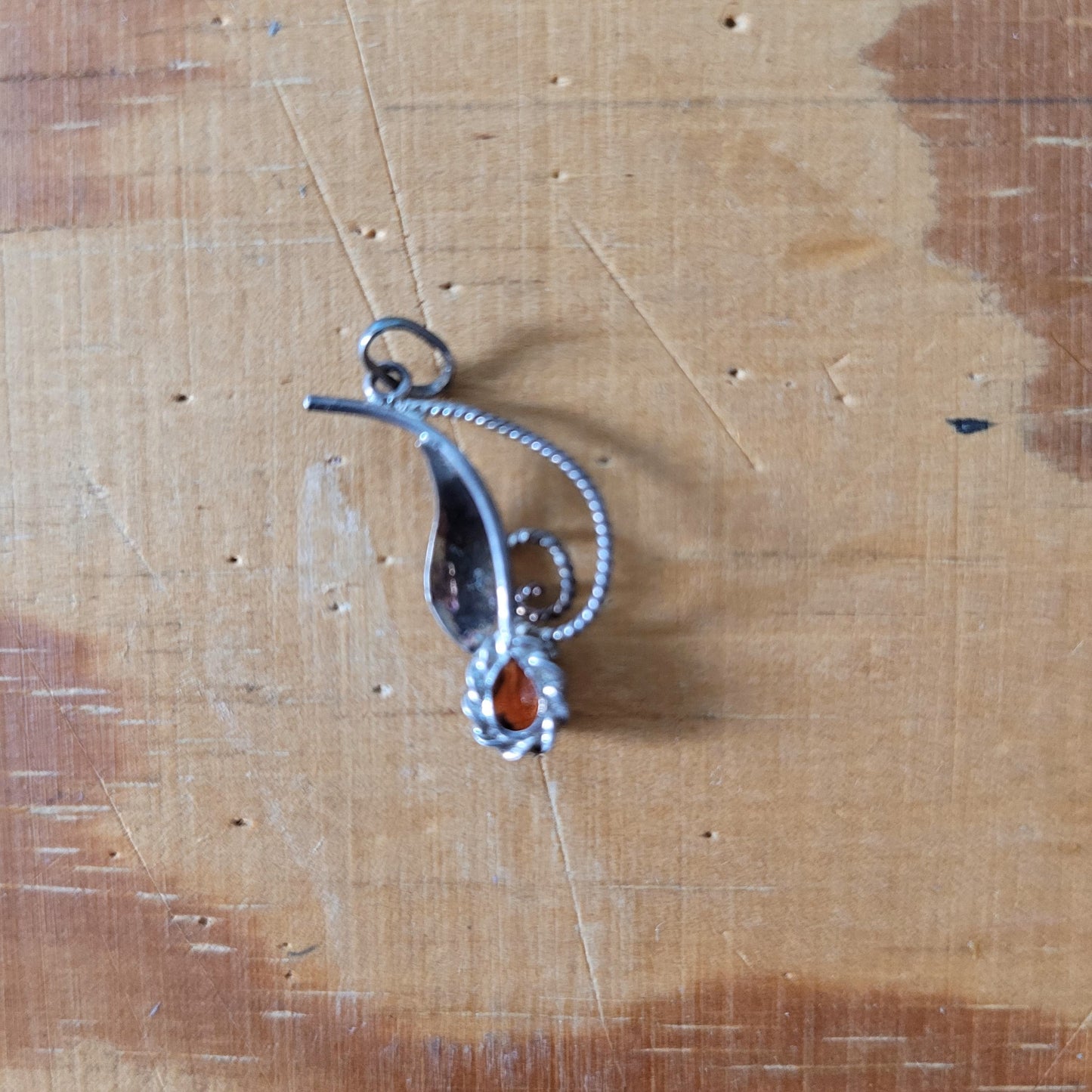 Vintage silver leaf & garnet rhinestone pendant, stamped 925