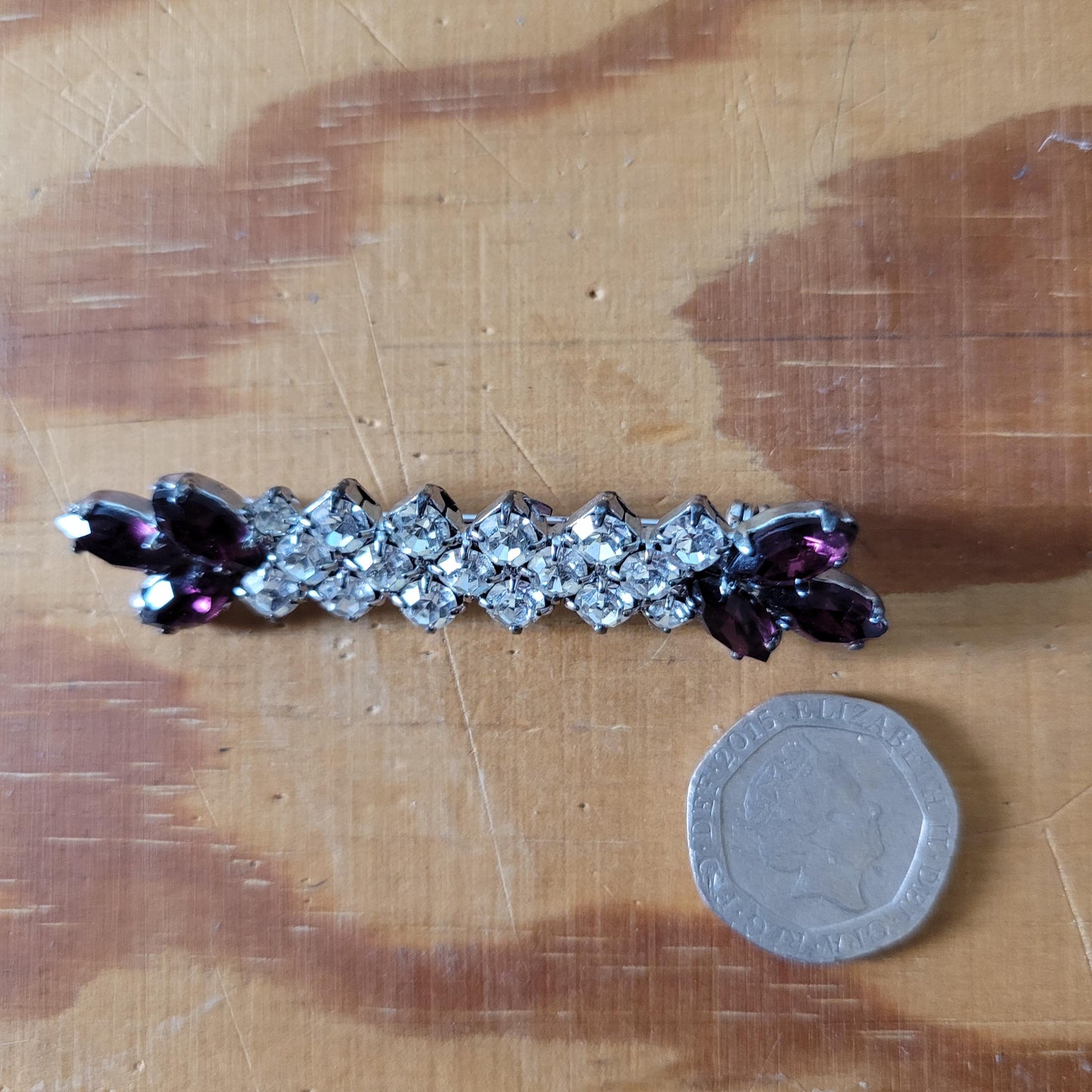Vintage purple glass & clear rhinestone baguette brooch