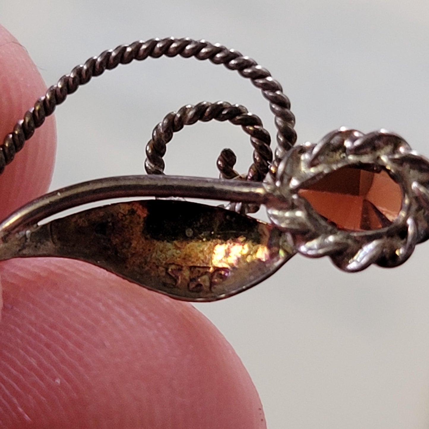 Vintage silver leaf & garnet rhinestone pendant, stamped 925