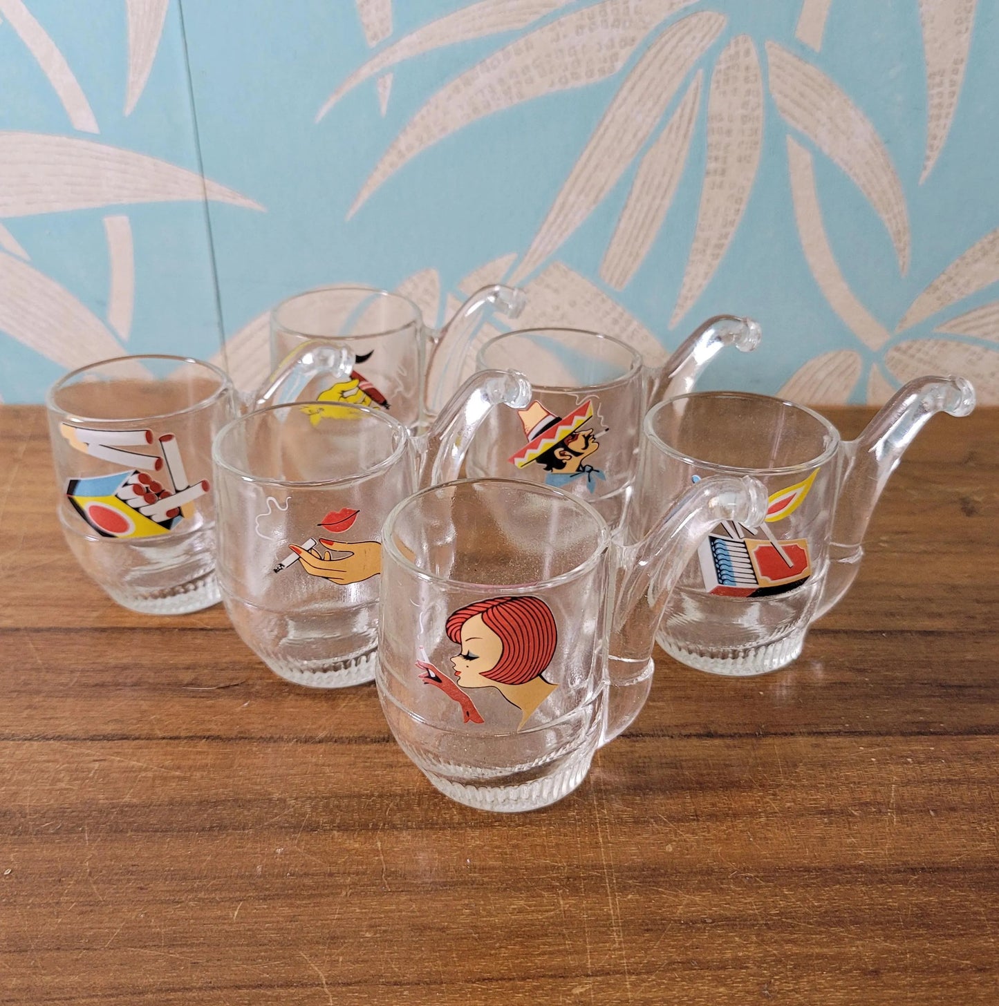 Set of rare 1960s Italian novelty pipe-shaped shot glasses with original packaging