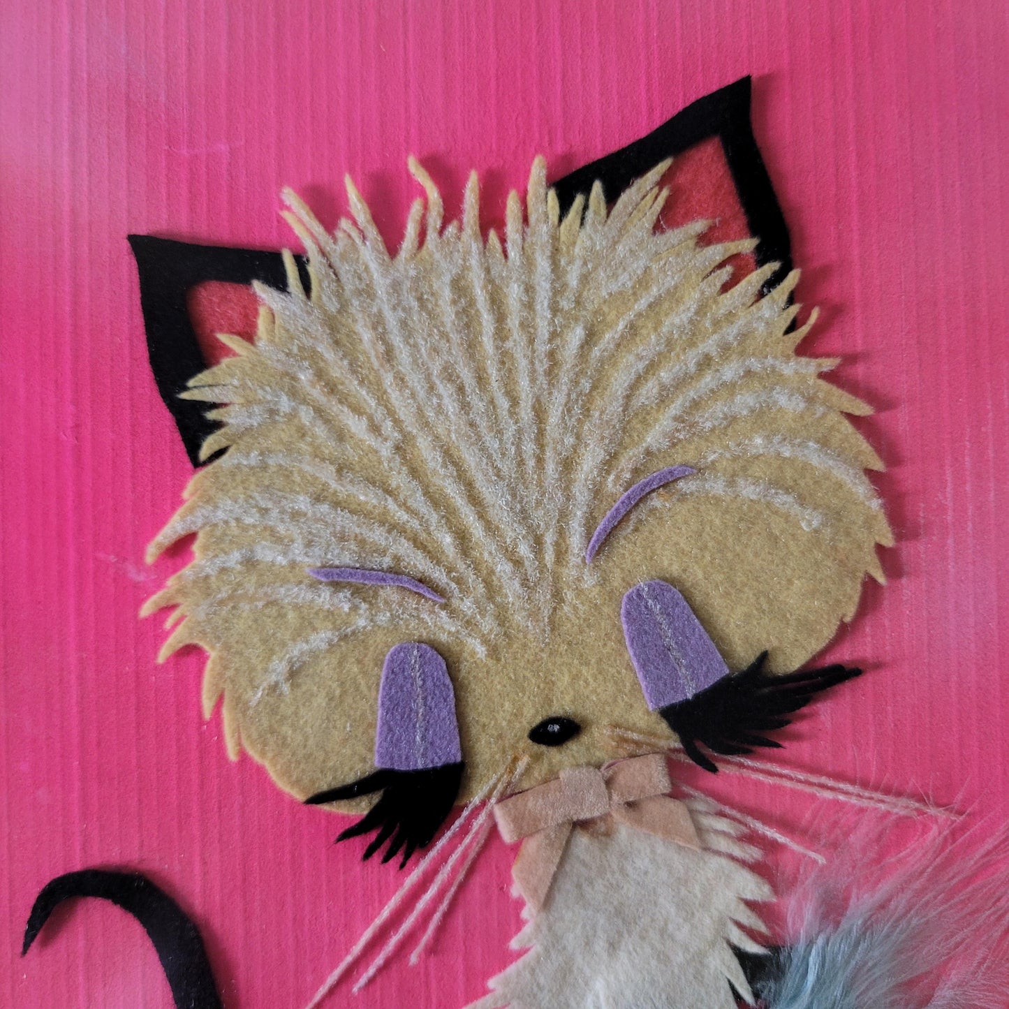 1960s framed home-made kitsch textile kitten & flowers collage