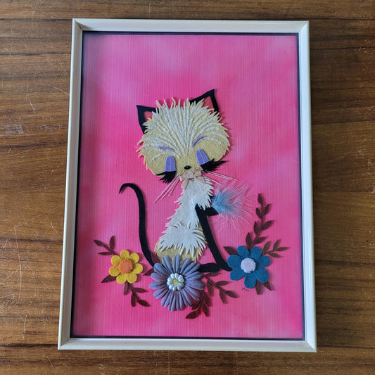 1960s framed home-made kitsch textile kitten & flowers collage