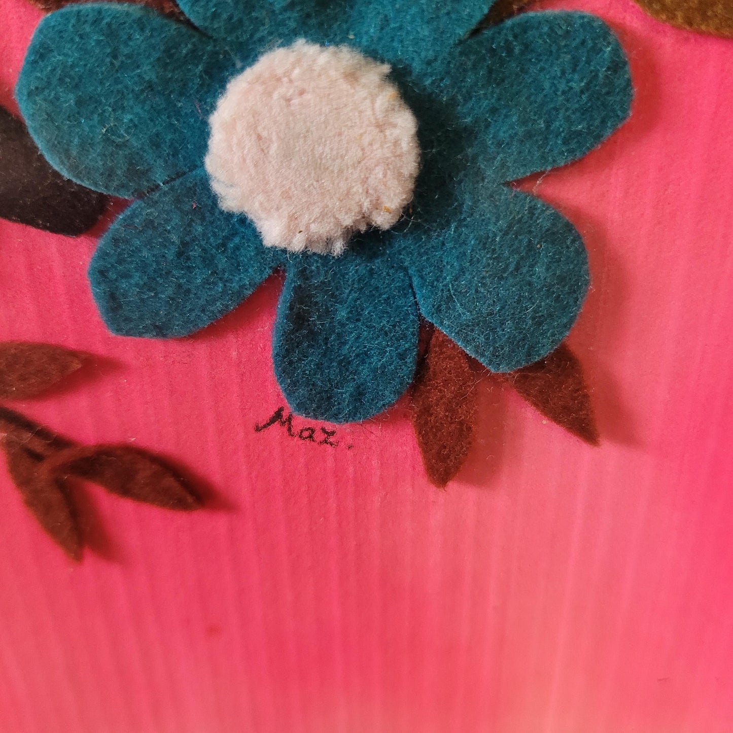 1960s framed home-made kitsch textile kitten & flowers collage