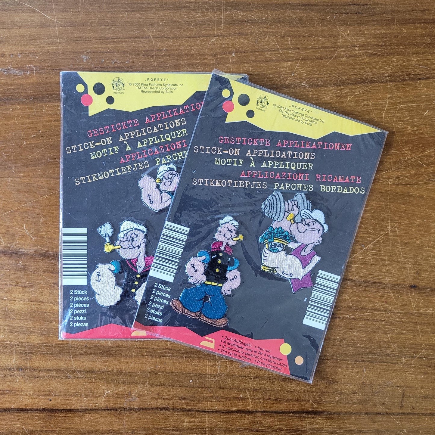 2000 Popeye character iron-on patches, two packs of two