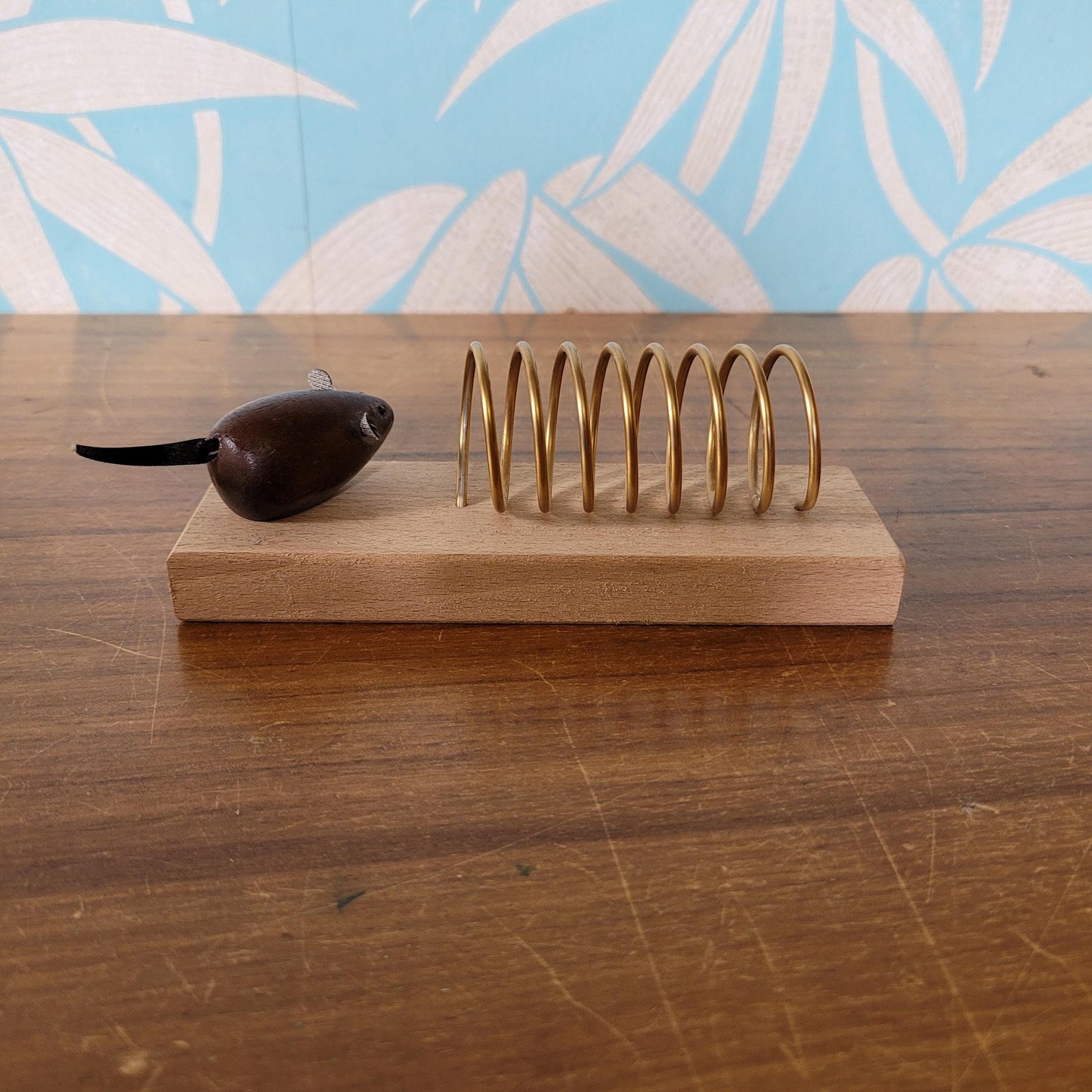 Vintage gold-tone spiral & wood letter rack with teak mouse addition