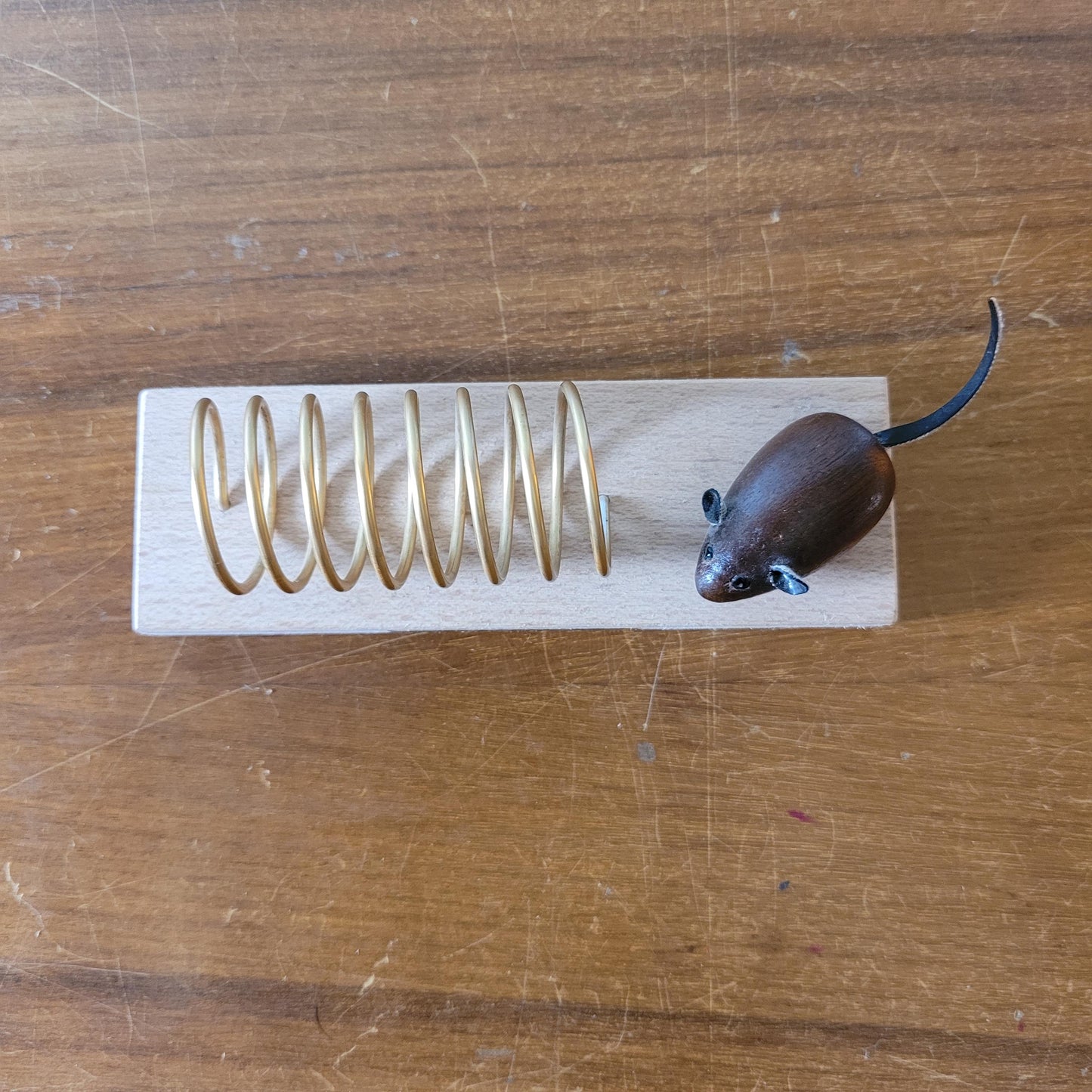 Vintage gold-tone spiral & wood letter rack with teak mouse addition