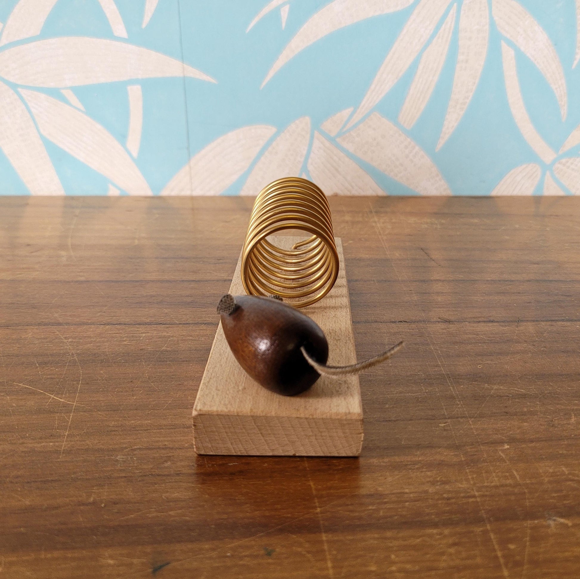 Vintage gold-tone spiral & wood letter rack with teak mouse addition