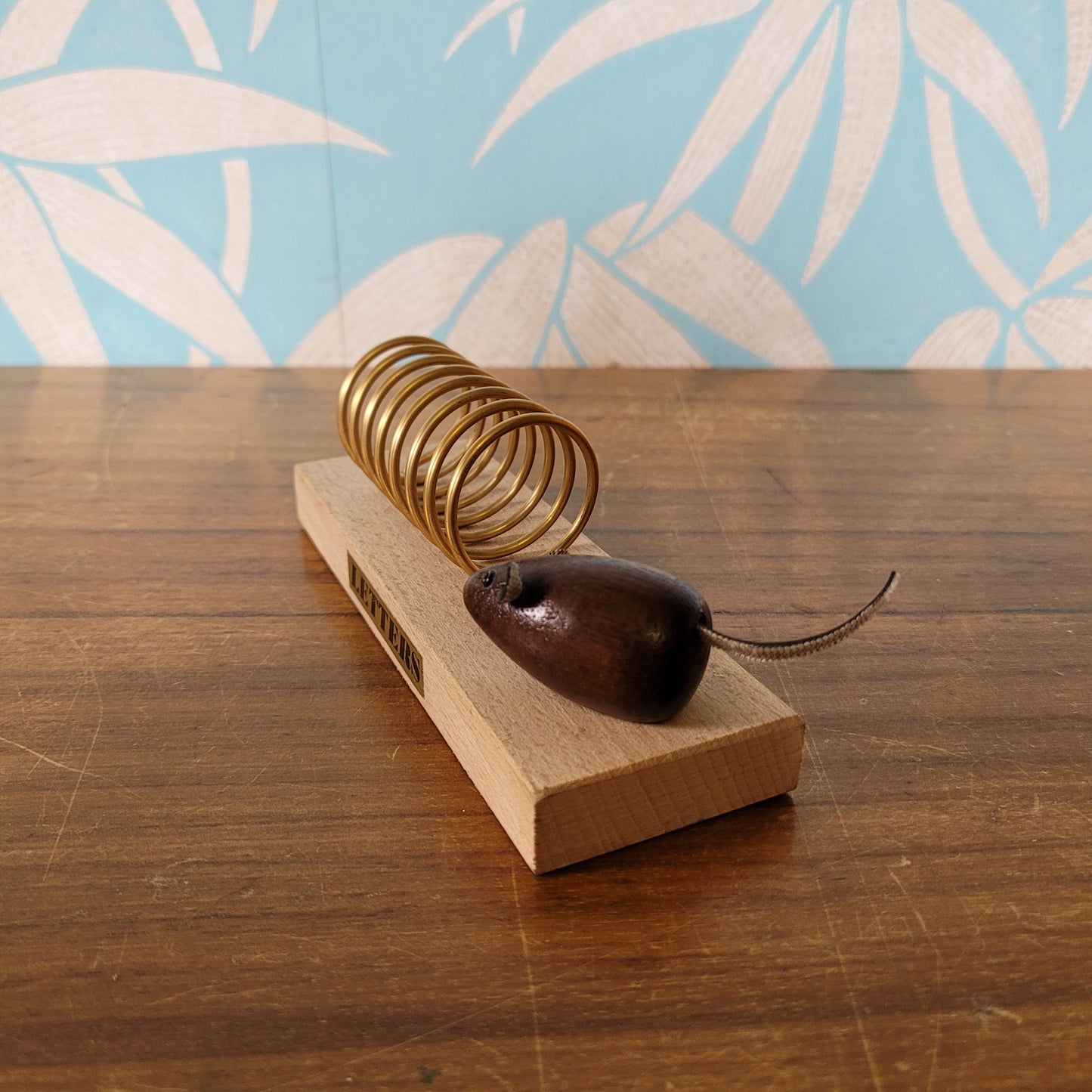 Vintage gold-tone spiral & wood letter rack with teak mouse addition