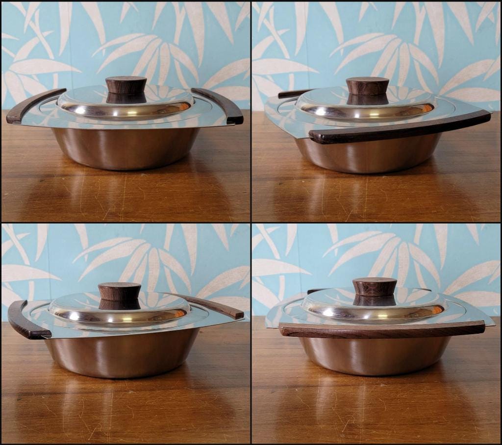 1970s stainless steel & teak serving dish with lid, includes removable stainless steel divider