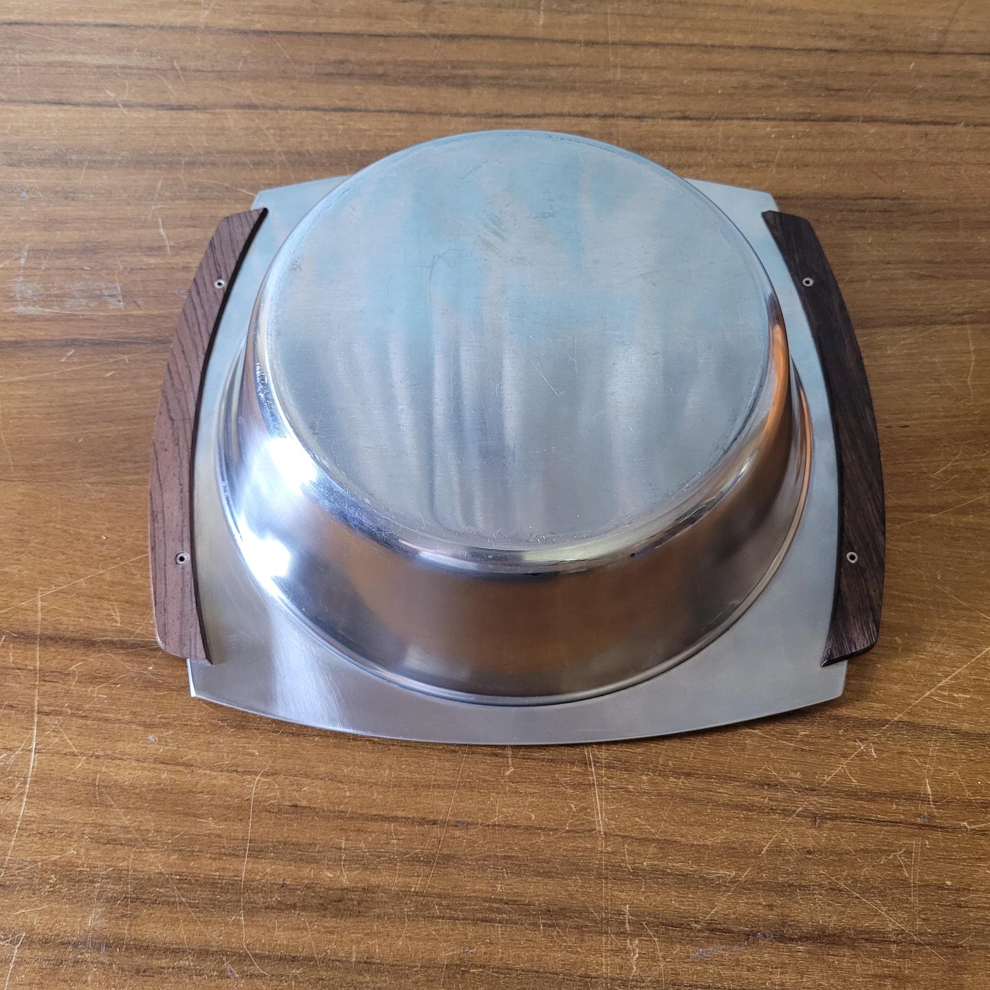 1970s stainless steel & teak serving dish with lid, includes removable stainless steel divider