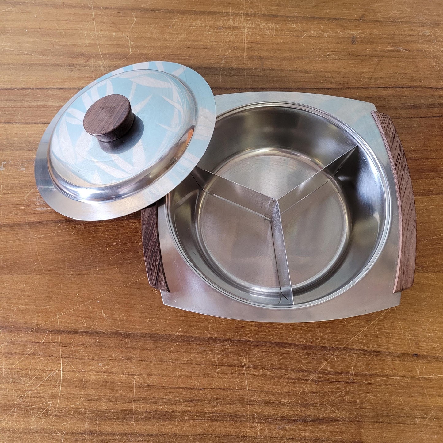 1970s stainless steel & teak serving dish with lid, includes removable stainless steel divider
