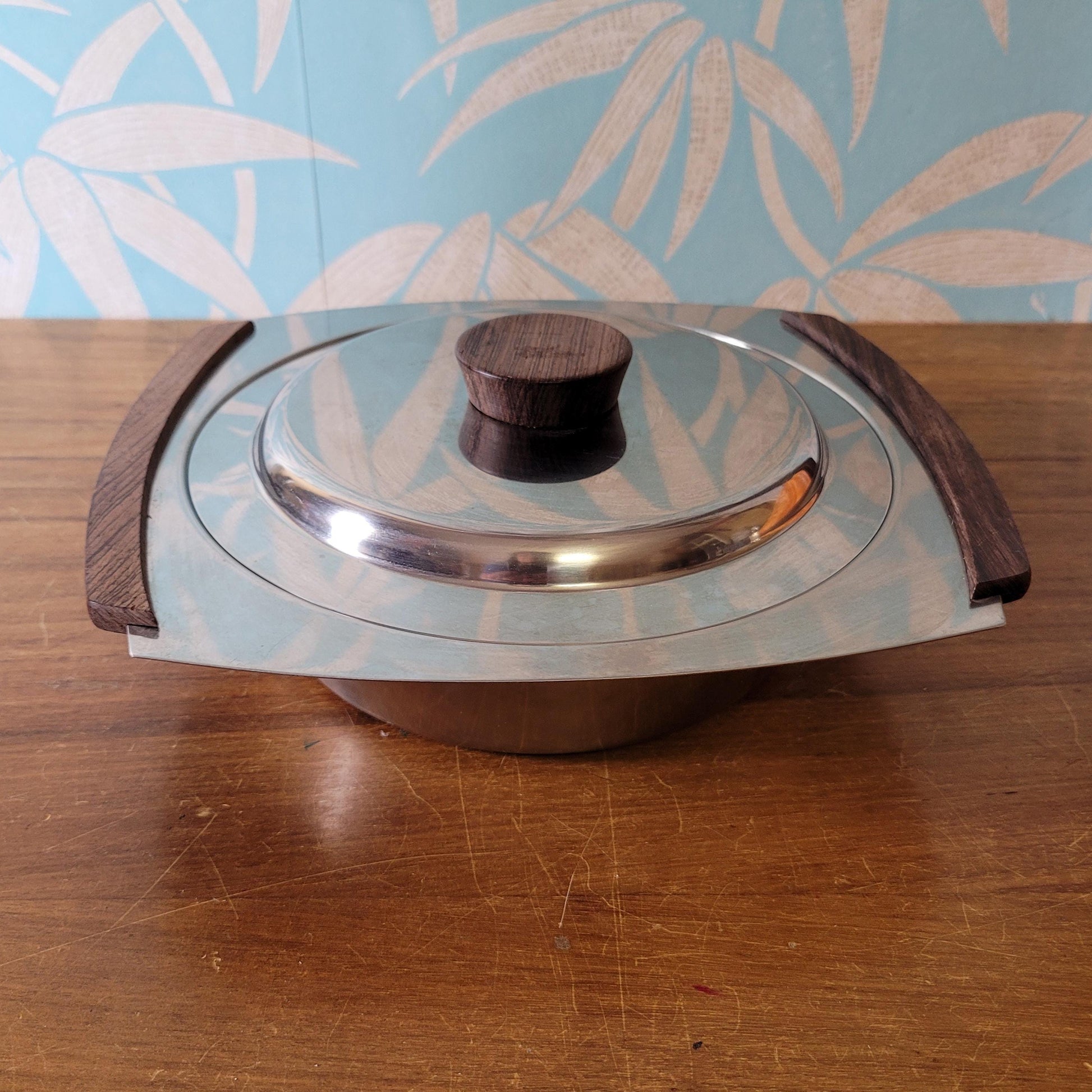 1970s stainless steel & teak serving dish with lid, includes removable stainless steel divider