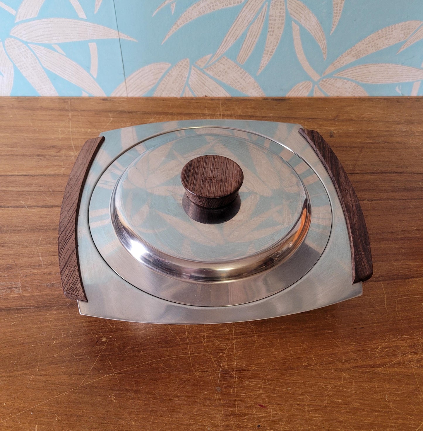 1970s stainless steel & teak serving dish with lid, includes removable stainless steel divider
