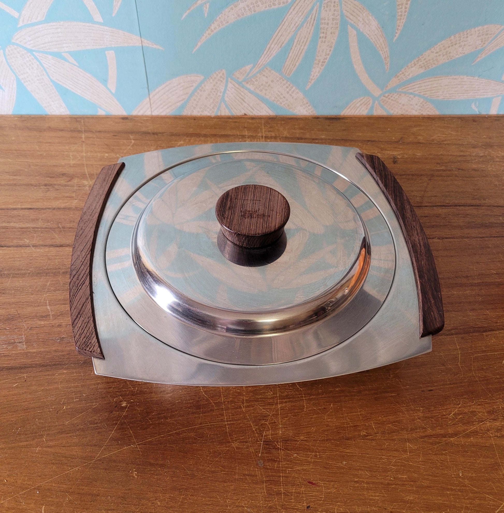 1970s stainless steel & teak serving dish with lid, includes removable stainless steel divider