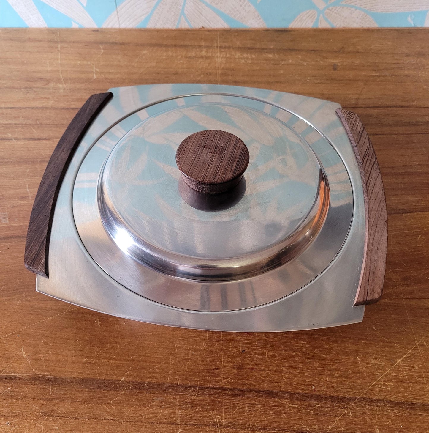 1970s stainless steel & teak serving dish with lid, includes removable stainless steel divider