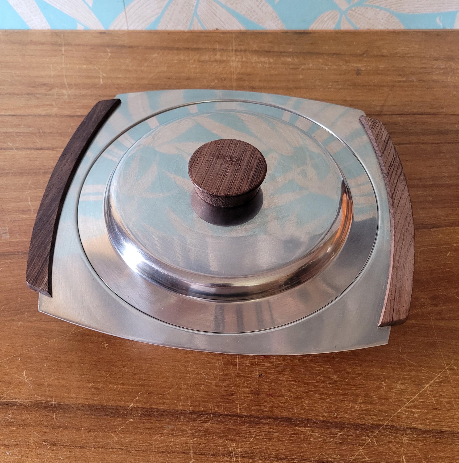 1970s stainless steel & teak serving dish with lid, includes removable stainless steel divider