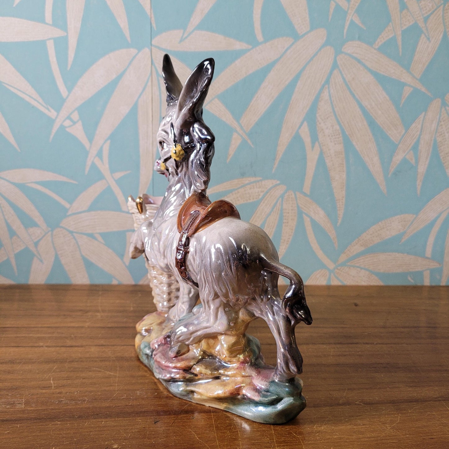 Kitsch mid-century Italian large pearlescent ceramic donkey & cart planter/vase