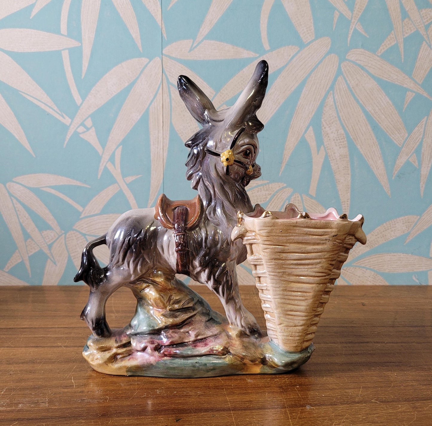 Kitsch mid-century Italian large pearlescent ceramic donkey & cart planter/vase