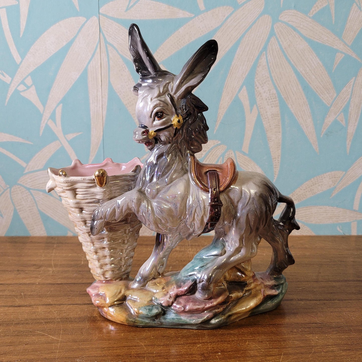 Kitsch mid-century Italian large pearlescent ceramic donkey & cart planter/vase