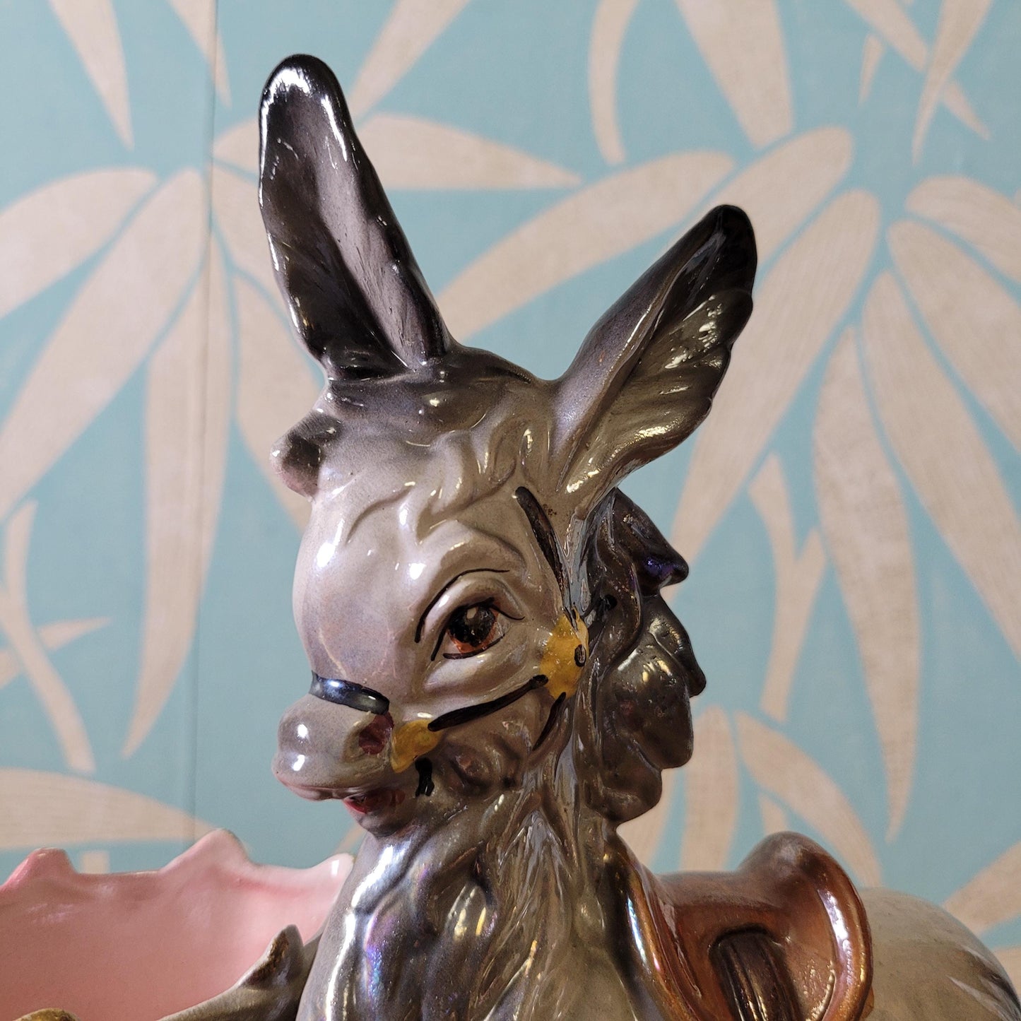 Kitsch mid-century Italian large pearlescent ceramic donkey & cart planter/vase