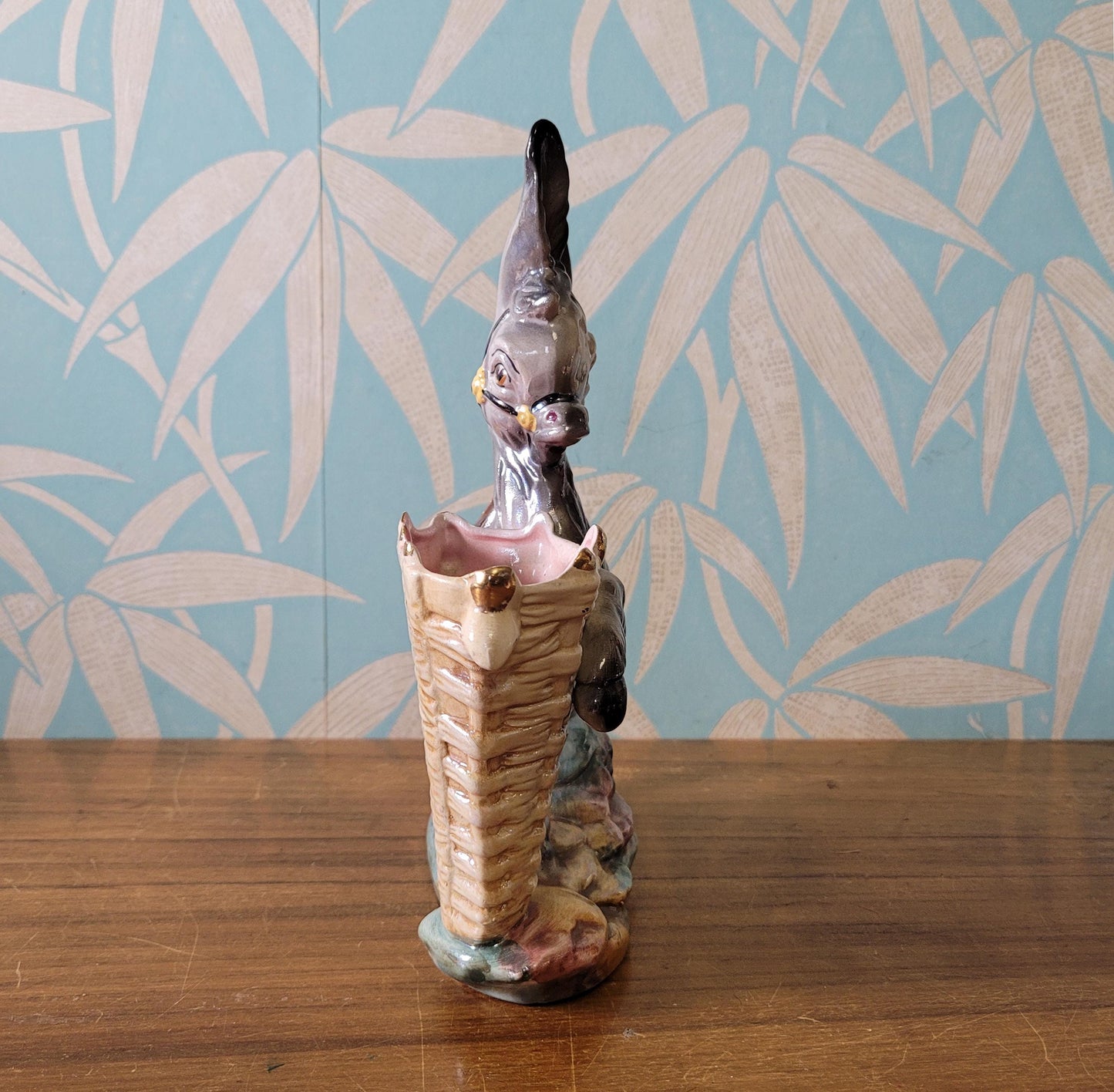 Kitsch mid-century Italian large pearlescent ceramic donkey & cart planter/vase