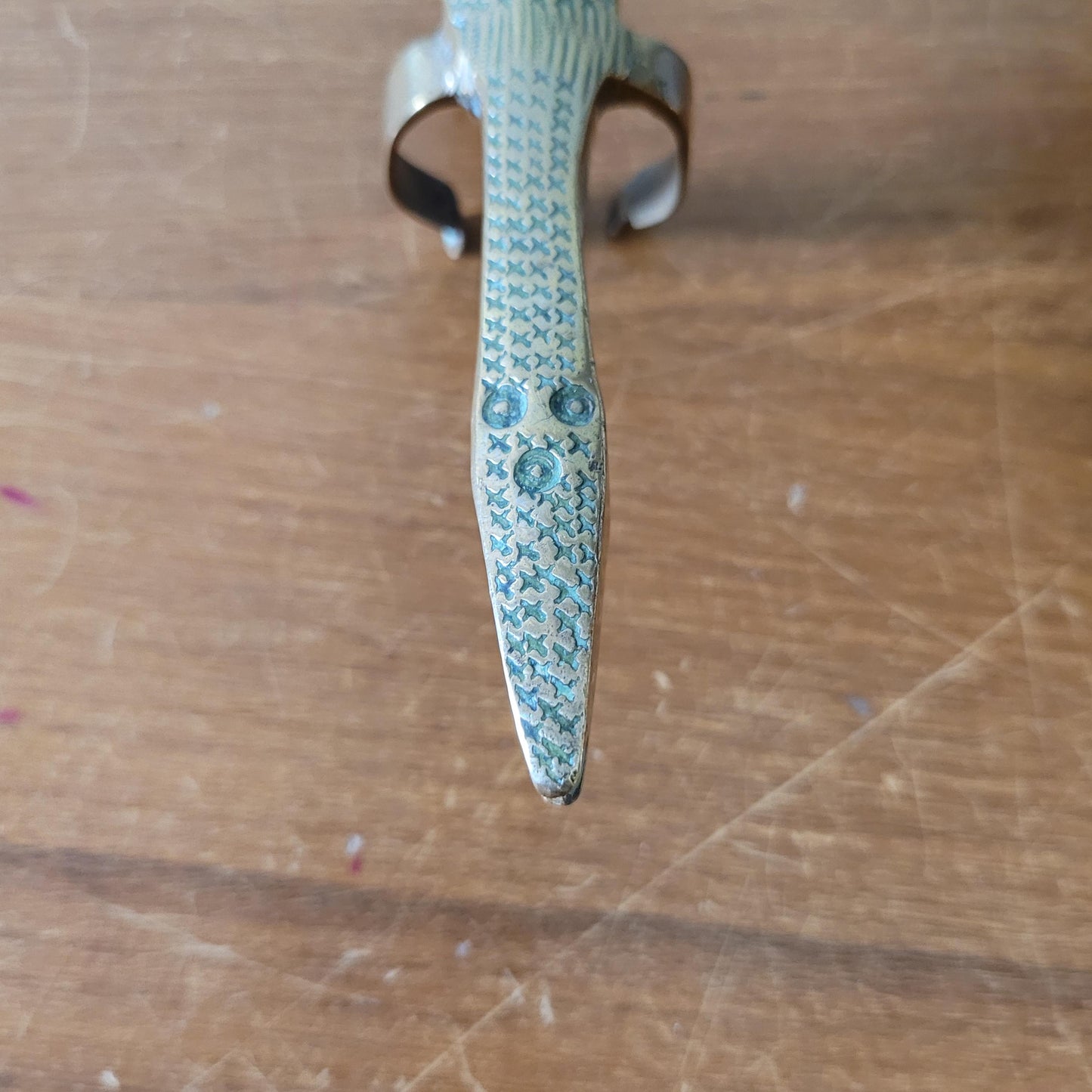 Unusual vintage tribal etched brass lizard ornament