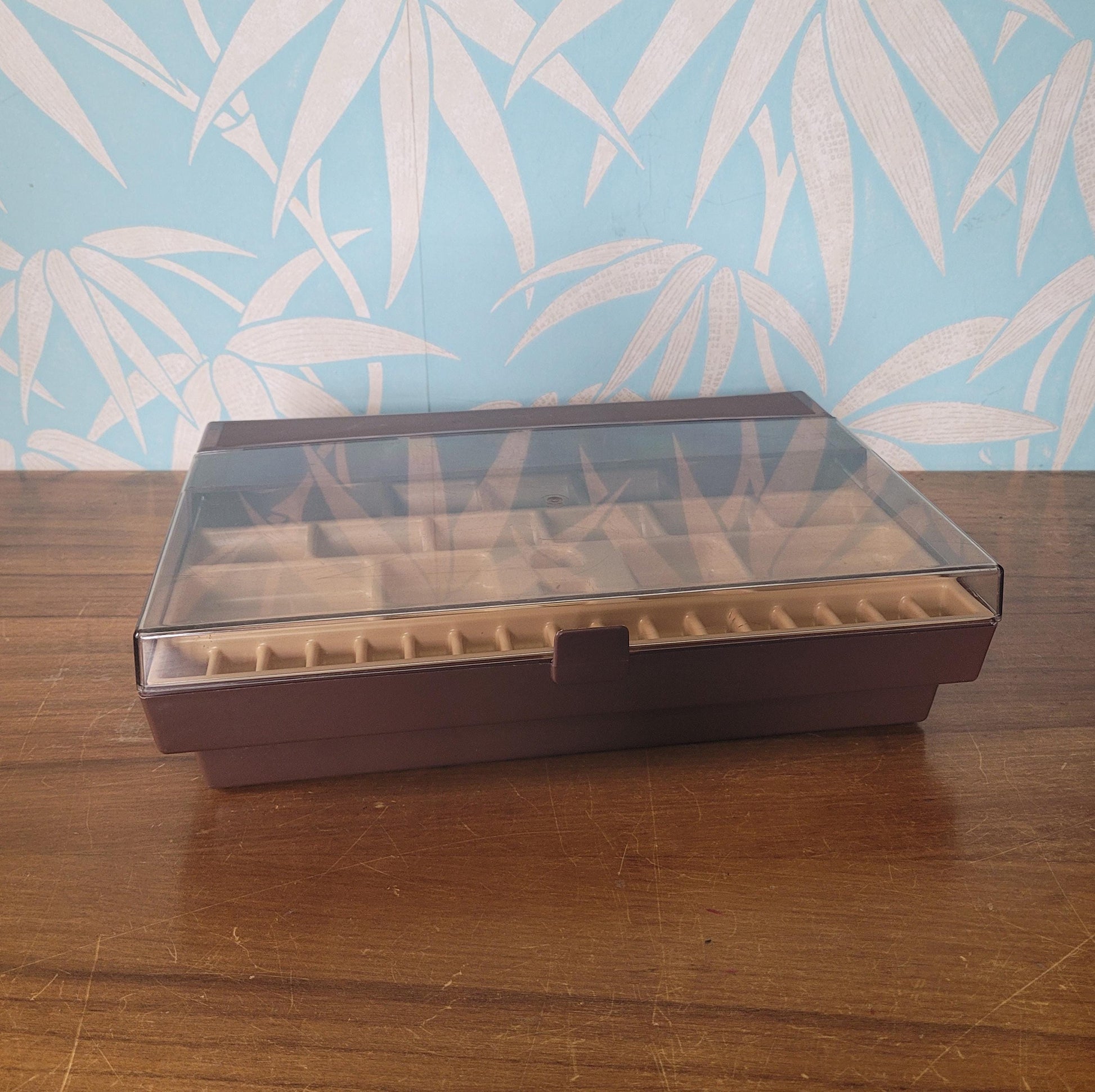 1970s brown & clear plastic sewing storage caddy
