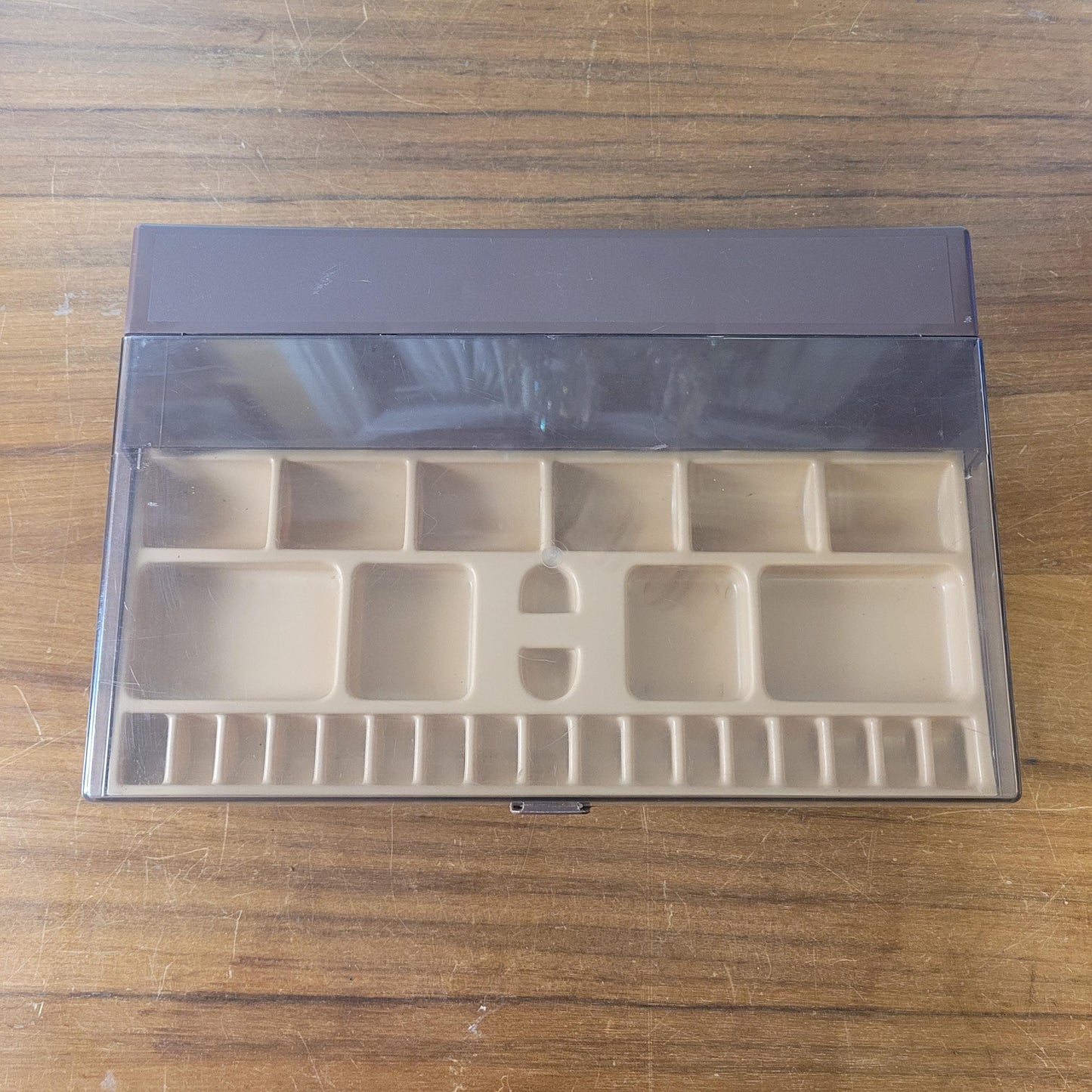 1970s brown & clear plastic sewing storage caddy