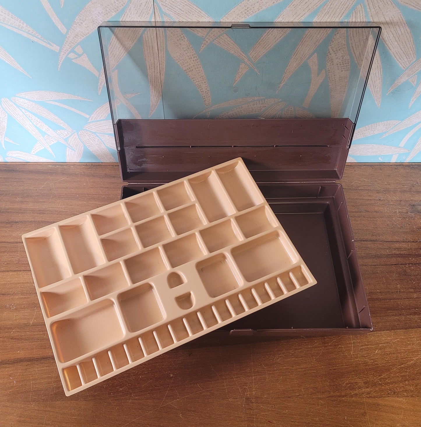 1970s brown & clear plastic sewing storage caddy