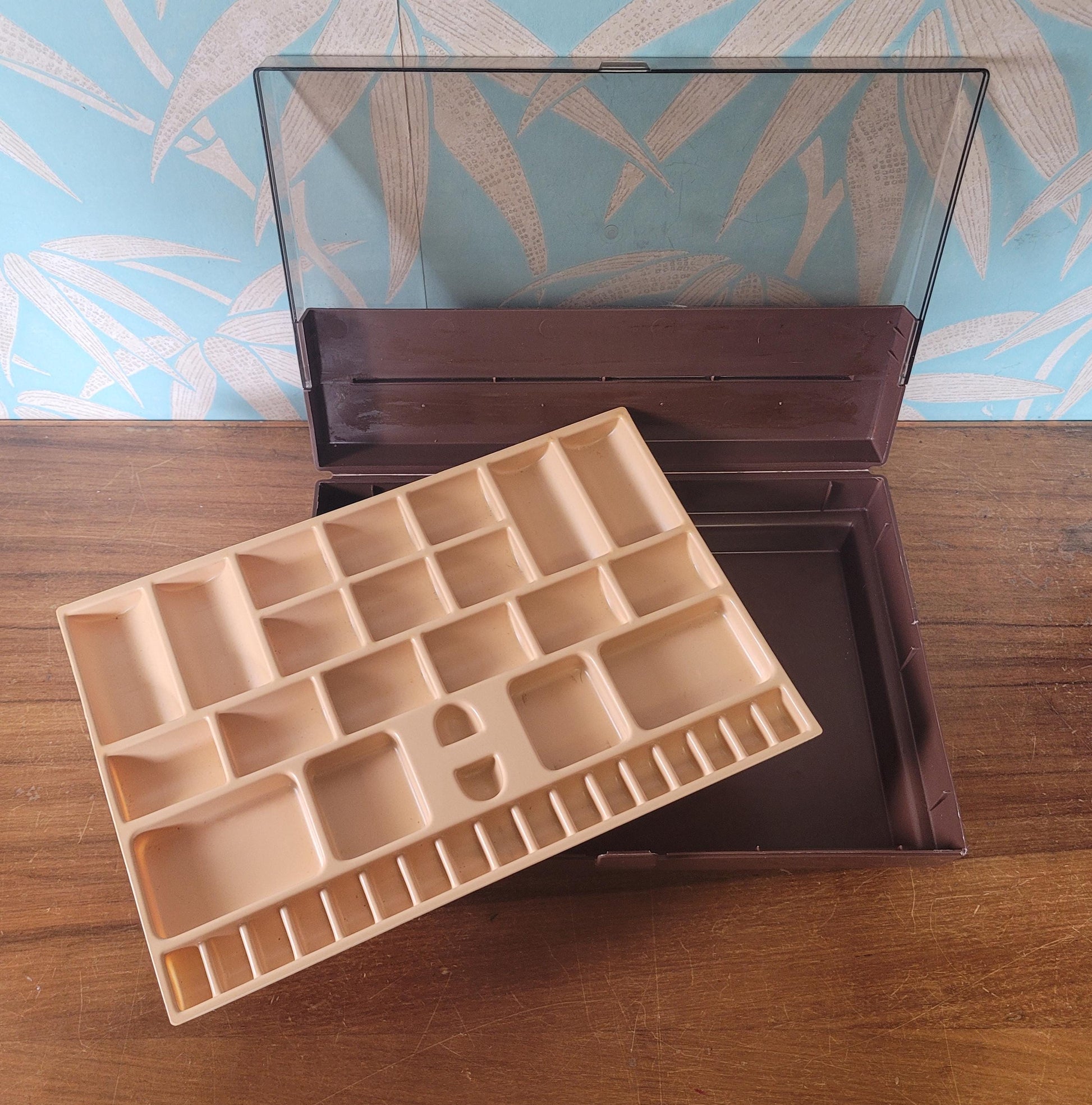 1970s brown & clear plastic sewing storage caddy