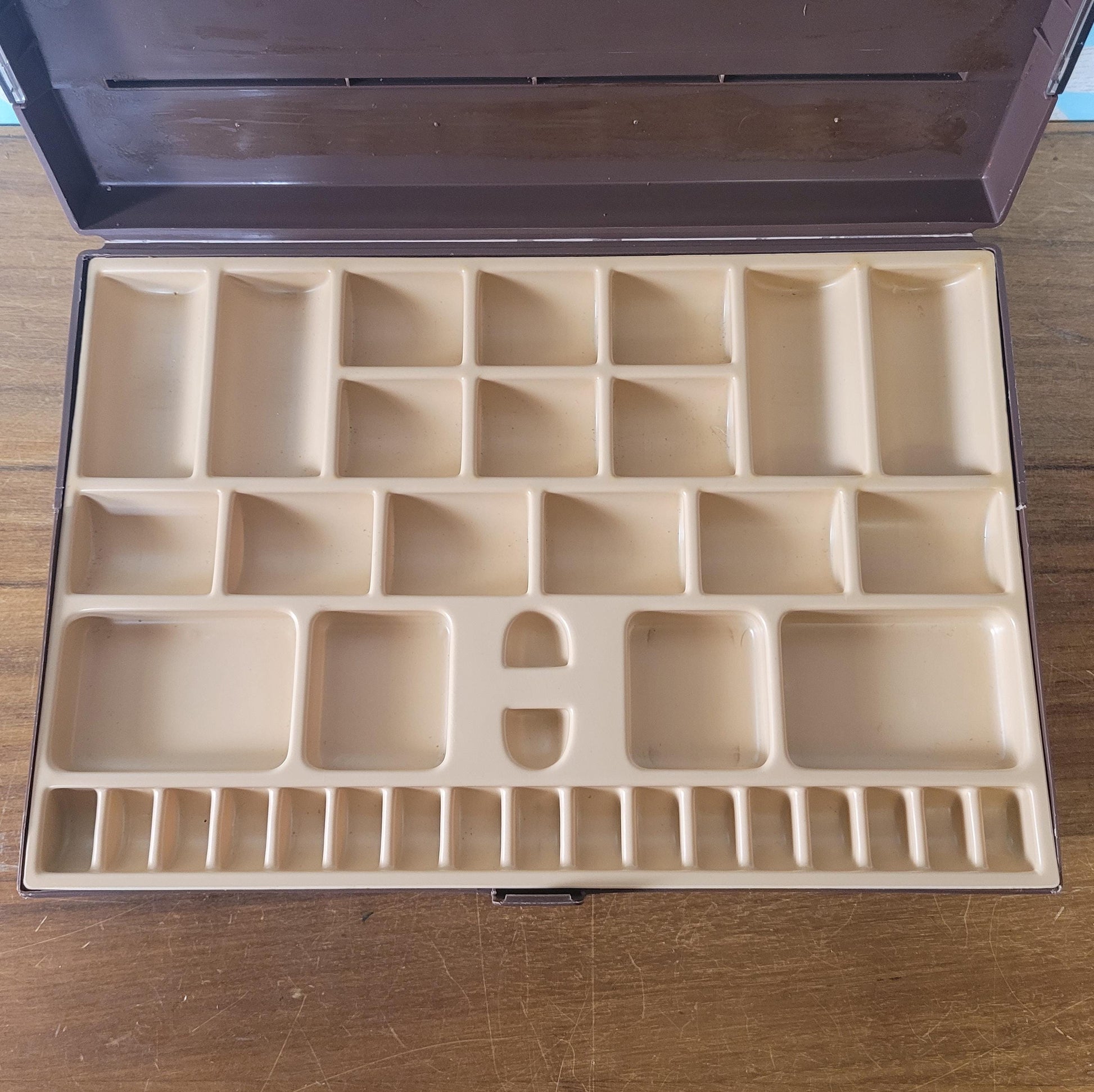 1970s brown & clear plastic sewing storage caddy