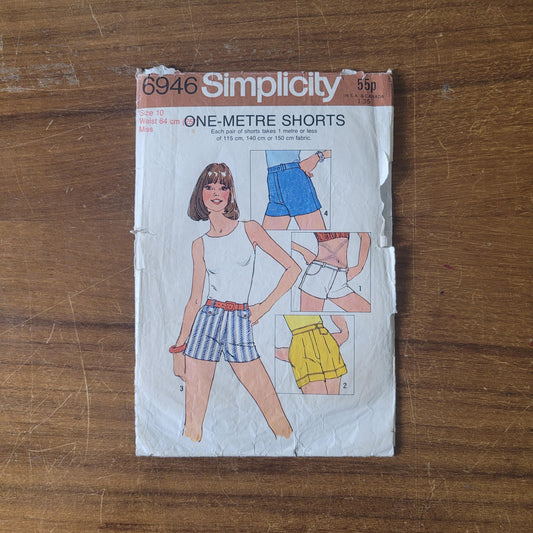 Part cut 1975 Simplicity 6946 sewing pattern for one-metre shorts, size 10 (see description below)