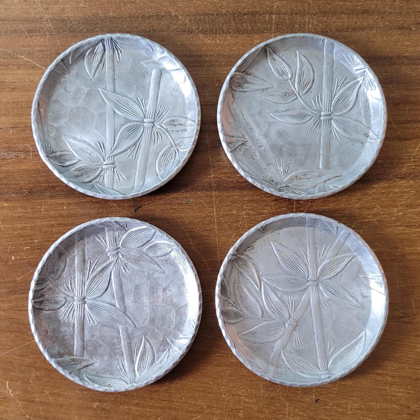 1970s Everlast forged aluminum bamboo design coasters x4