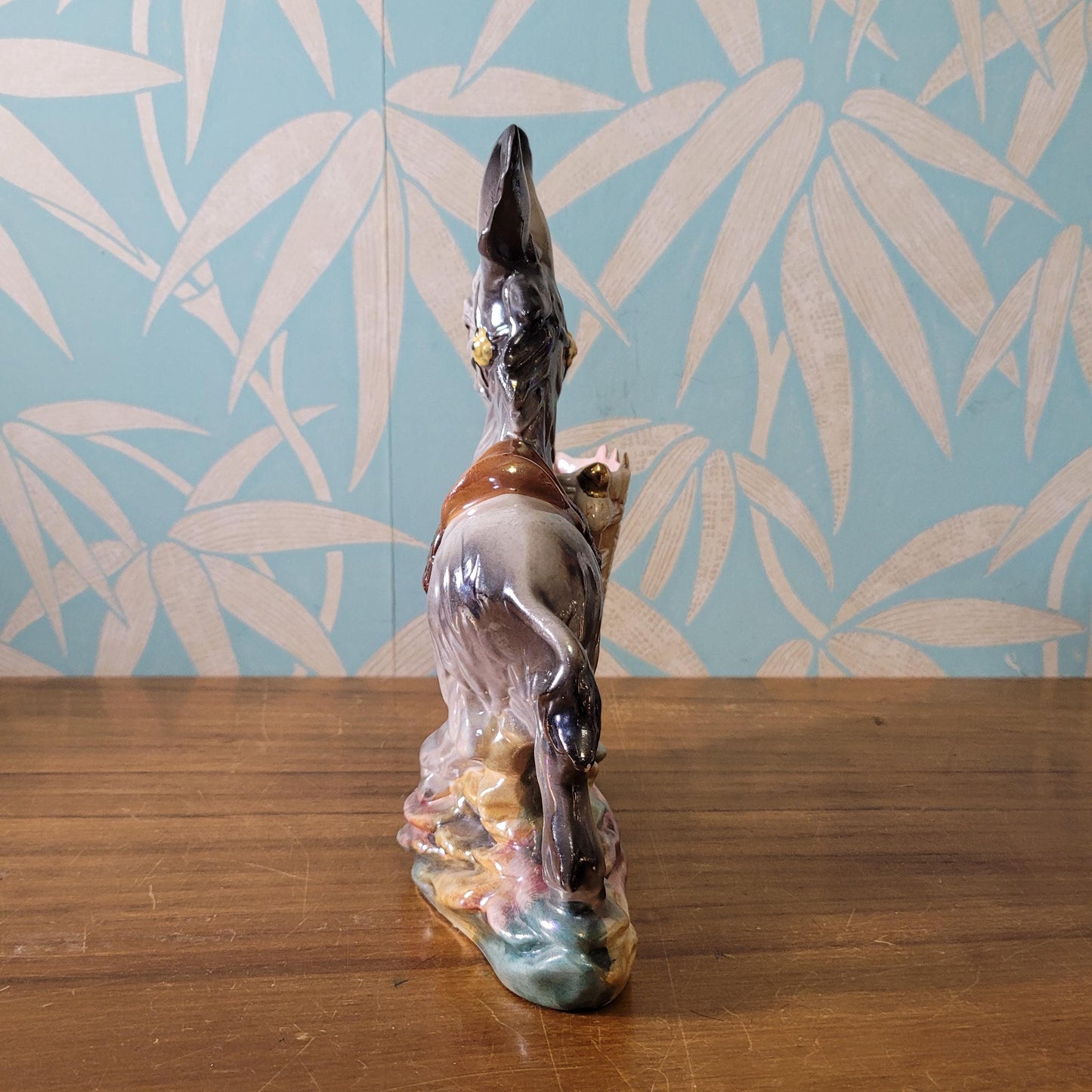 Kitsch mid-century Italian large pearlescent ceramic donkey & cart planter/vase
